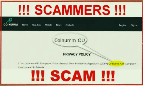 Coinumm scammers legal entity - information from the scam website