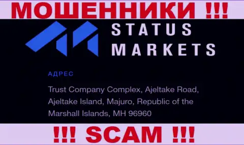 За надувательство доверчивых людей интернет мошенникам СтатусМаркетс Ком ничего не будет, поскольку они сидят в оффшоре: Trust Company Complex, Ajeltake Road, Ajeltake Island, Majuro, Republic of the Marshall Islands, MH 96960