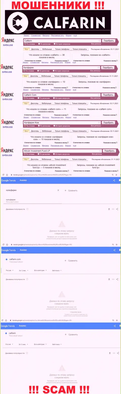 Суммарное число поисковых запросов посетителями всемирной интернет сети информации об мошенниках Calfarin Com