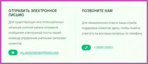 Телефон и адрес электронного ящика дилинговой организации KIEXO