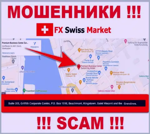 Компания FX-SwissMarket Com пишет на сайте, что находятся они в офшоре, по адресу Suite 305, Griffith Corporate Centre, P.O. Box 1510,Beachmont Kingstown, Saint Vincent and the Grenadines