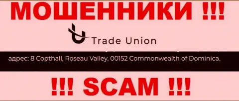 Абсолютно все клиенты Trade Union однозначно будут одурачены - указанные internet жулики скрылись в офшоре: 8 Copthall, Roseau Valley, 00152 Commonwealth of Dominica