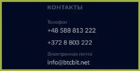 Телефон и адрес электронного ящика обменки БТЦ Бит