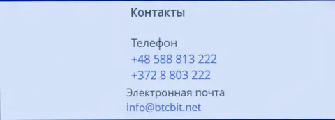 Номера телефонов и Е-майл интернет-обменки БТЦБит