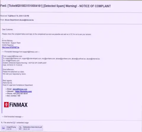 Похожая претензия на официальный портал FiNMax пришла и регистратору доменного имени сайта